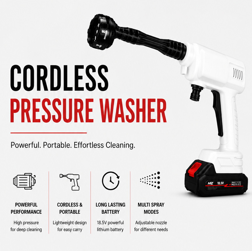 Cordless pressure washer with features and uses on a white background