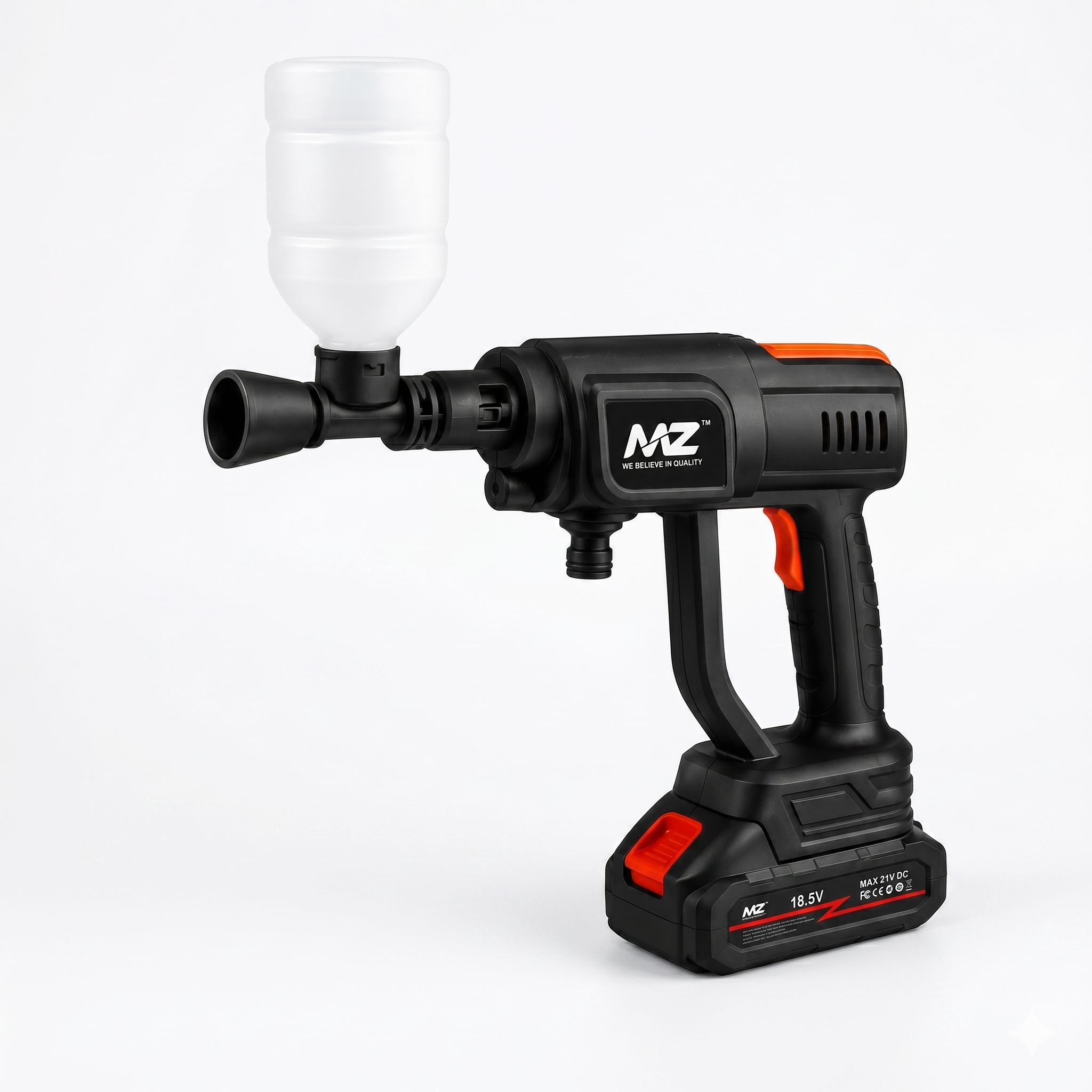 Black and red cordless spray gun with 'MZ' branding 