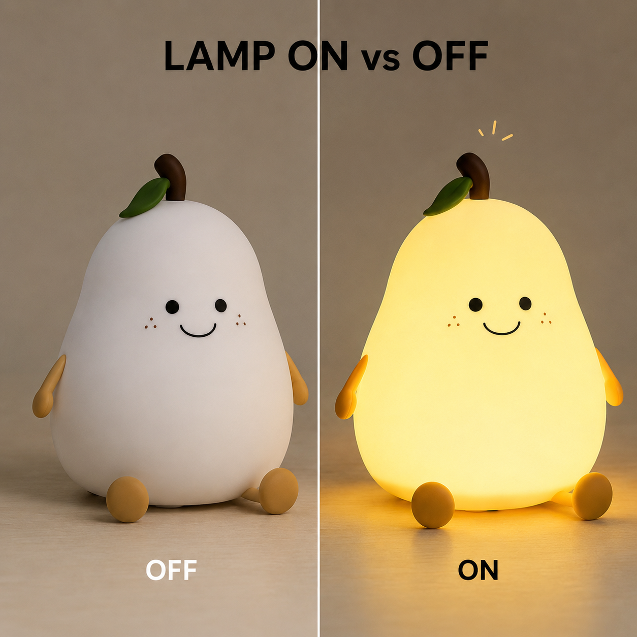 Pear-shaped night light showing difference between 'On' and 'Off' states 
