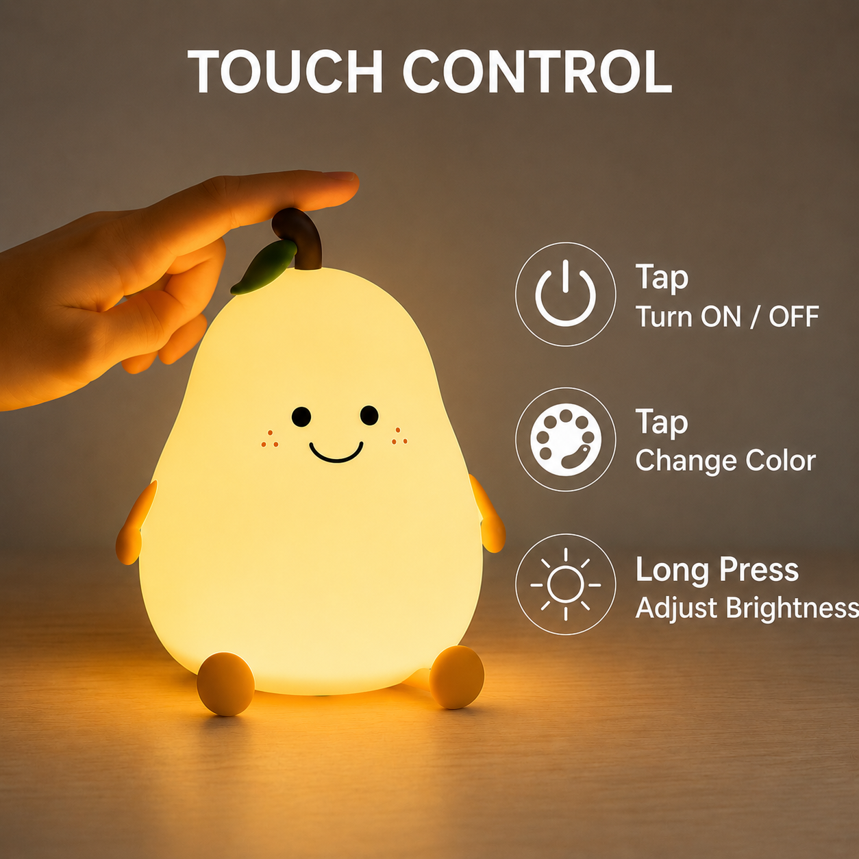Glowing pear-shaped night light with touch control features on a wooden surface.